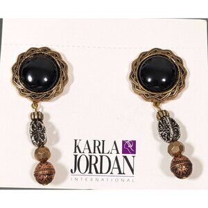 Vintage Karla Jordan Black Onyx Brass Copper Stacked Bead Dangle Pierced Earring